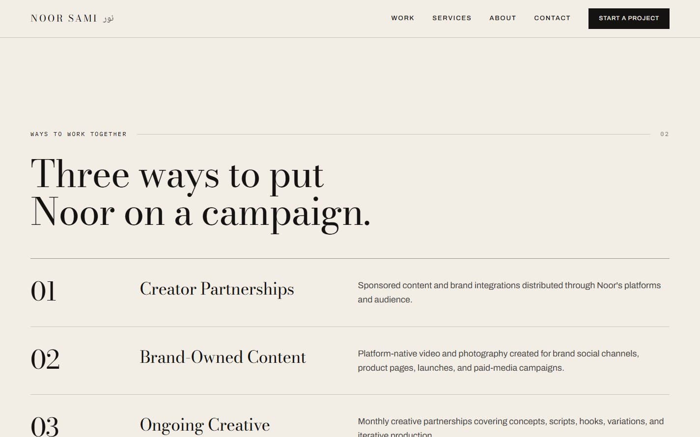 The engagement chapter, listing three numbered ways to work together with the scope of each.