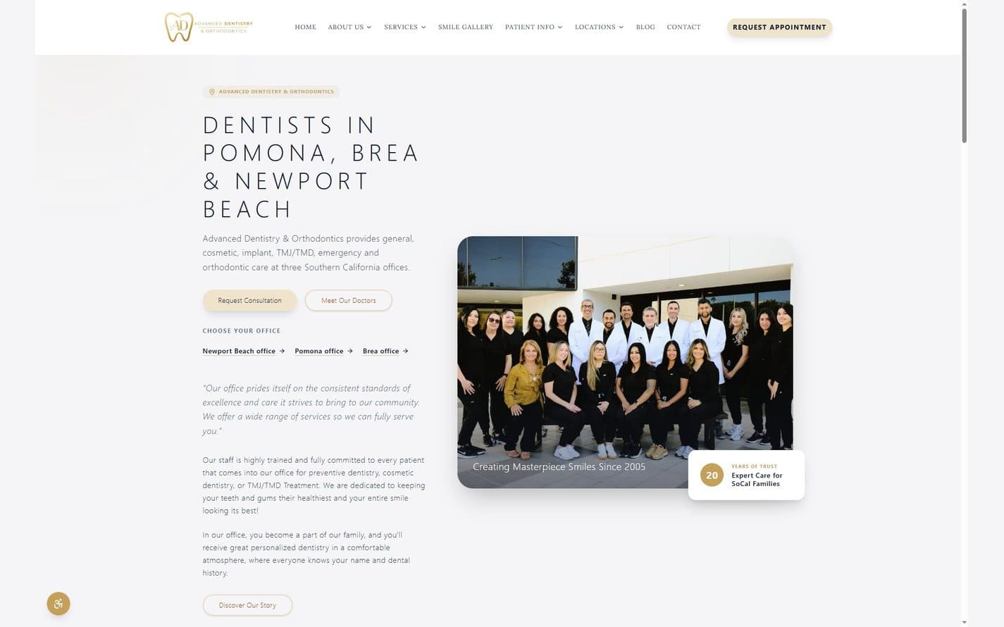 The practice homepage, setting the three-location headline and its two actions beside a photograph of the practice team.